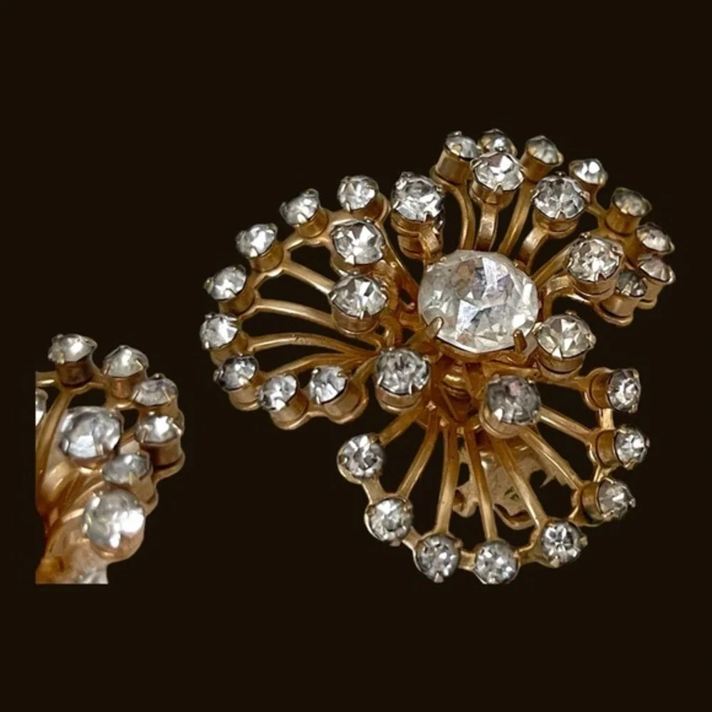Vintage Rhinestone Atomic Starburst Kramer Earrings Gold Toned Clip On Signed